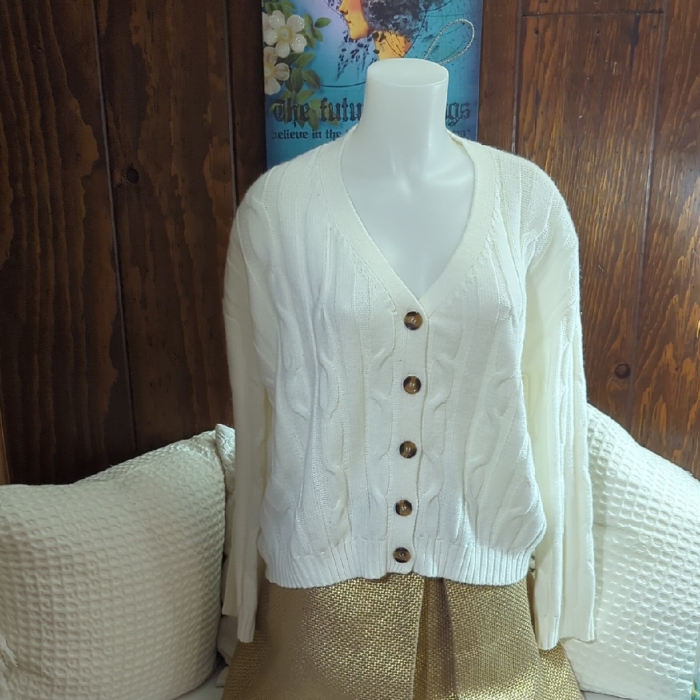 Size XL My Style Women's White Cable Knit Cardigan Sweater - Picture 16 of 16